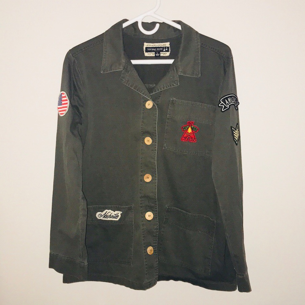 NWOT Living Doll Green Military Jacket, size large